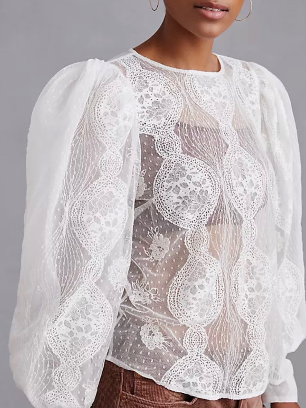 NWT Anthropologie foreve that girl Elegant Ivory Lace Puff-Sleeve embroidery top